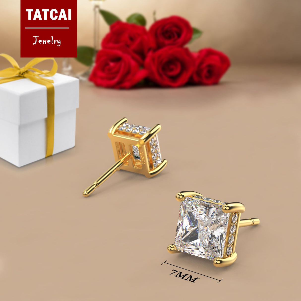 Princess Cut Square Cubic Zirconia Stud Earrings for Men (7MM, Gold)