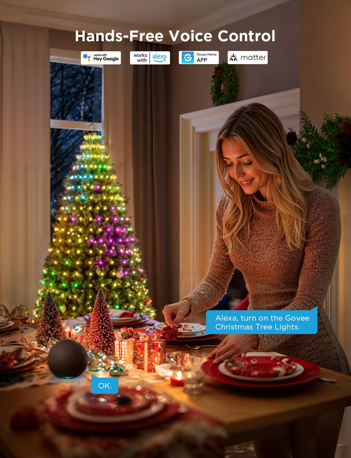 Govee Christmas Tree Lights, Smart RGBIC 480 LEDs Christmas Lights, 6.6ft × 24 String Lights for Holiday Decorations, Music Sync, Voice and APP Control, 60+ Scene Modes, Green Wire, Adapter