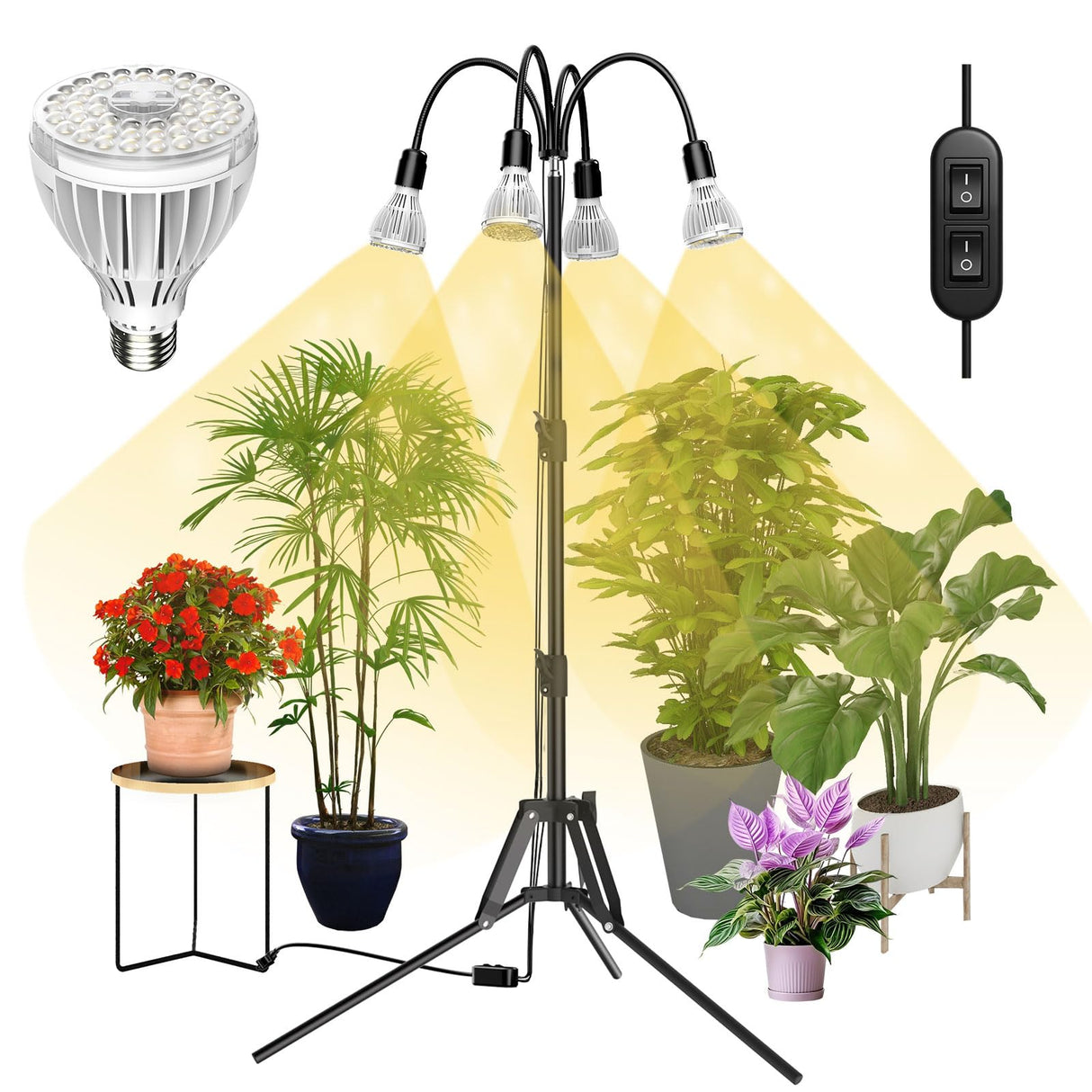 SANSI Grow Lights for Indoor Plants, 128W Full Spectrum Plant Lights for Indoor Growing, 35-64 inches Detachable Tripod Standing Grow Light with High PPFD No Dimmable 4 Pack of Par25 32W Bulb
