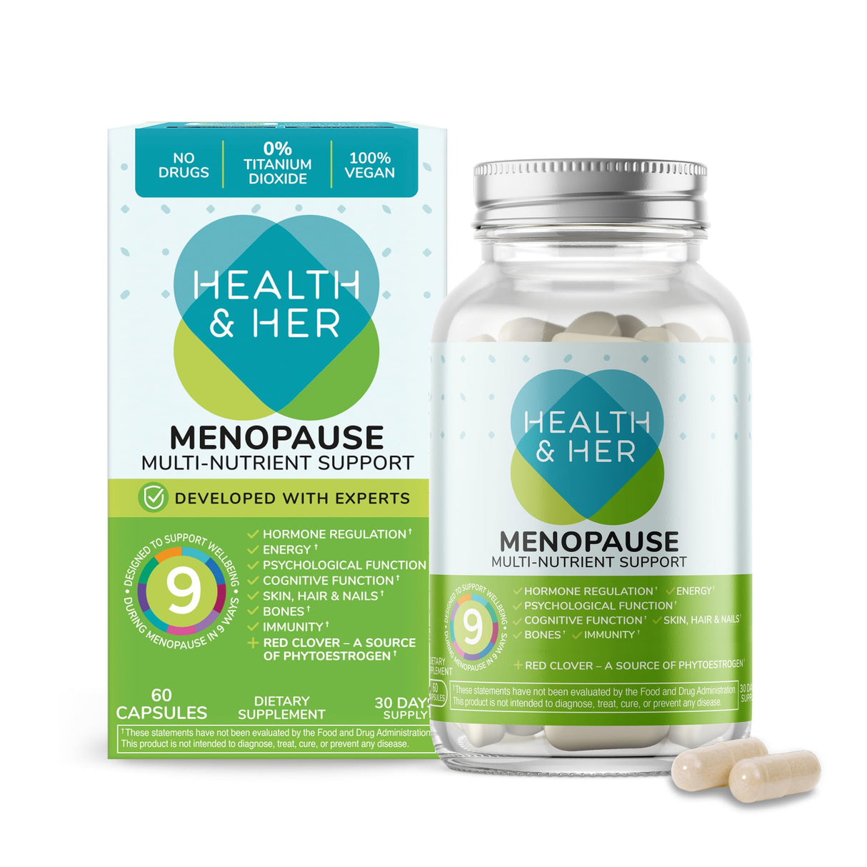 Health & Her Menopause Supplements for Women - Multi-Nutrient Support, Menopause Vitamins for Energy, Bones, Muscles, Skin & Hair, Vegan, Gluten-Free, Non GMO (60ct - 1 Month)