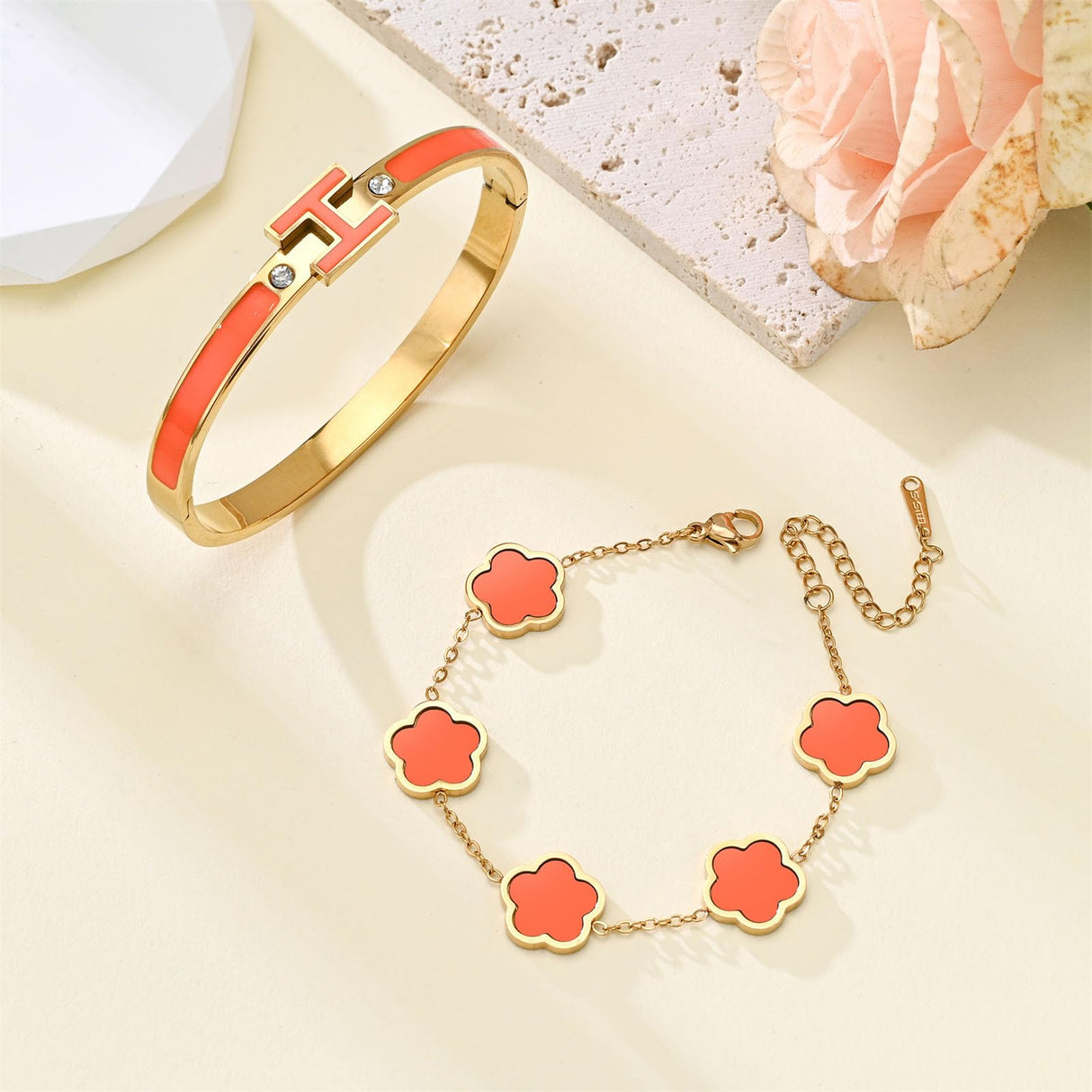 fekang Gold H Bangle & Clover Bracelet for Women -Orange bracelet Set