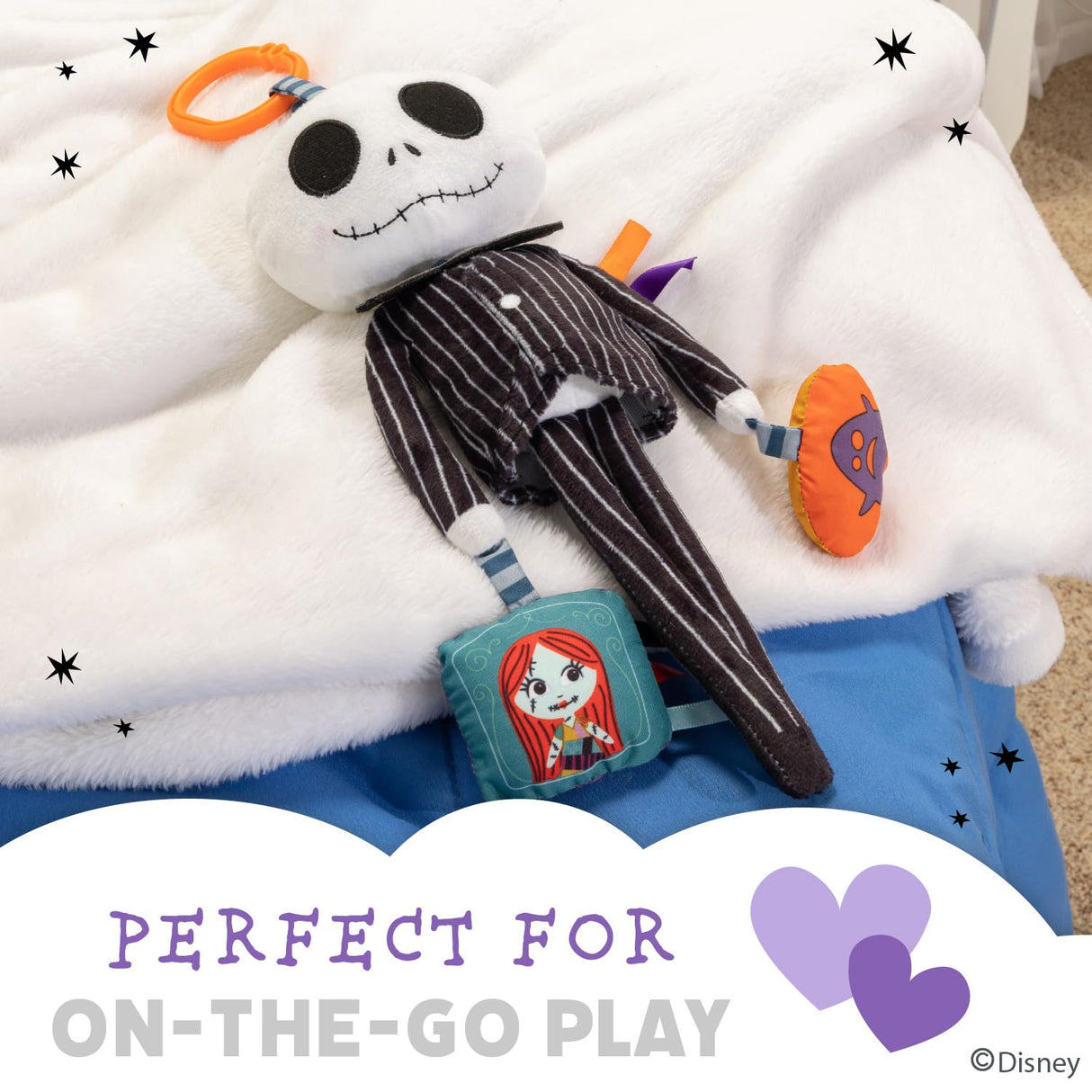 KIDS PREFERRED Disney Baby Nightmare Before Christmas Jack Skellington On The Go Activity Toy with Teether, On The Go Clip, Bell Chime, and Pull Through Arms