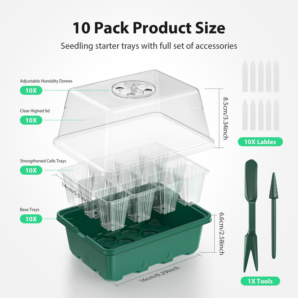 POROLIR Seed Starter Tray, 10PCS Seed Starter Kit, Seedling Starter Trays with Heightened Lids for Seed Staring, Indoor Gardening Plant Germination Trays (12 Cells per Tray) Green