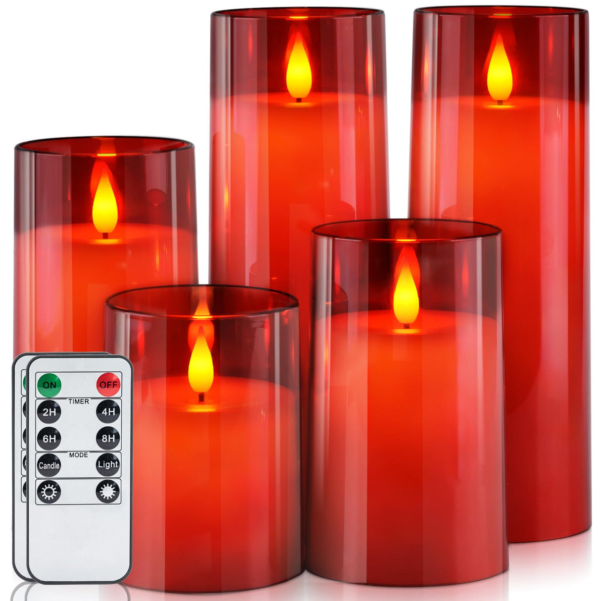 Homemory Christmas Red Flickering Flameless Candles, Battery Operated Acrylic LED Pillar Candles with Remote Control and Timer, Set of 5