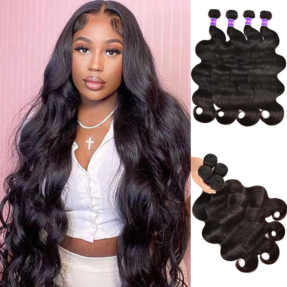 Human Hair Bundles Body Wave 20 22 24 26 Inch 4 Bundles 12A Human Hair Extensions 100% Unprocessed Brazilian Virgin Human Hair Deals Quick Weave Bundles Curly Wave Hair Natural Black Color