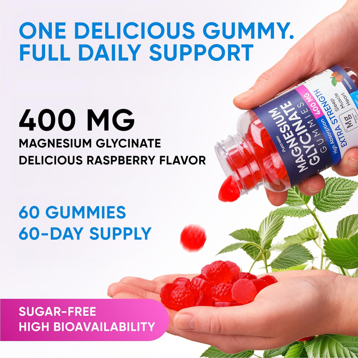 Magnesium Glycinate 400mg Gummies - Relax & Sleep, Men & Women, Raspberry