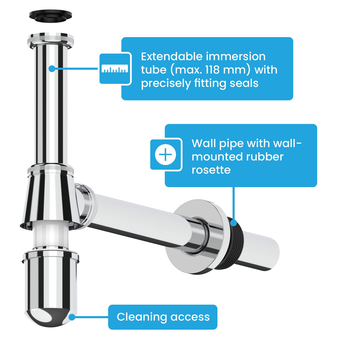Bächlein Cup Siphon Universal for Washbasin & Washstand, Odour Trap with Cleaning Opening + Installation Instructions - Drain Fitting Precisely - Design Siphon Drain Fitting Bottle Siphon