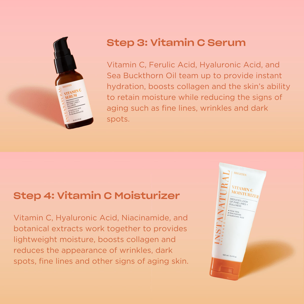 InstaNatural Vitamin C Four Step Skin Care Set, Skincare Routine, Brightens, Hydrates, Prevents Signs of Aging, Face Wash, Toner, Serum and Moisturizer, with Botanical Extracts