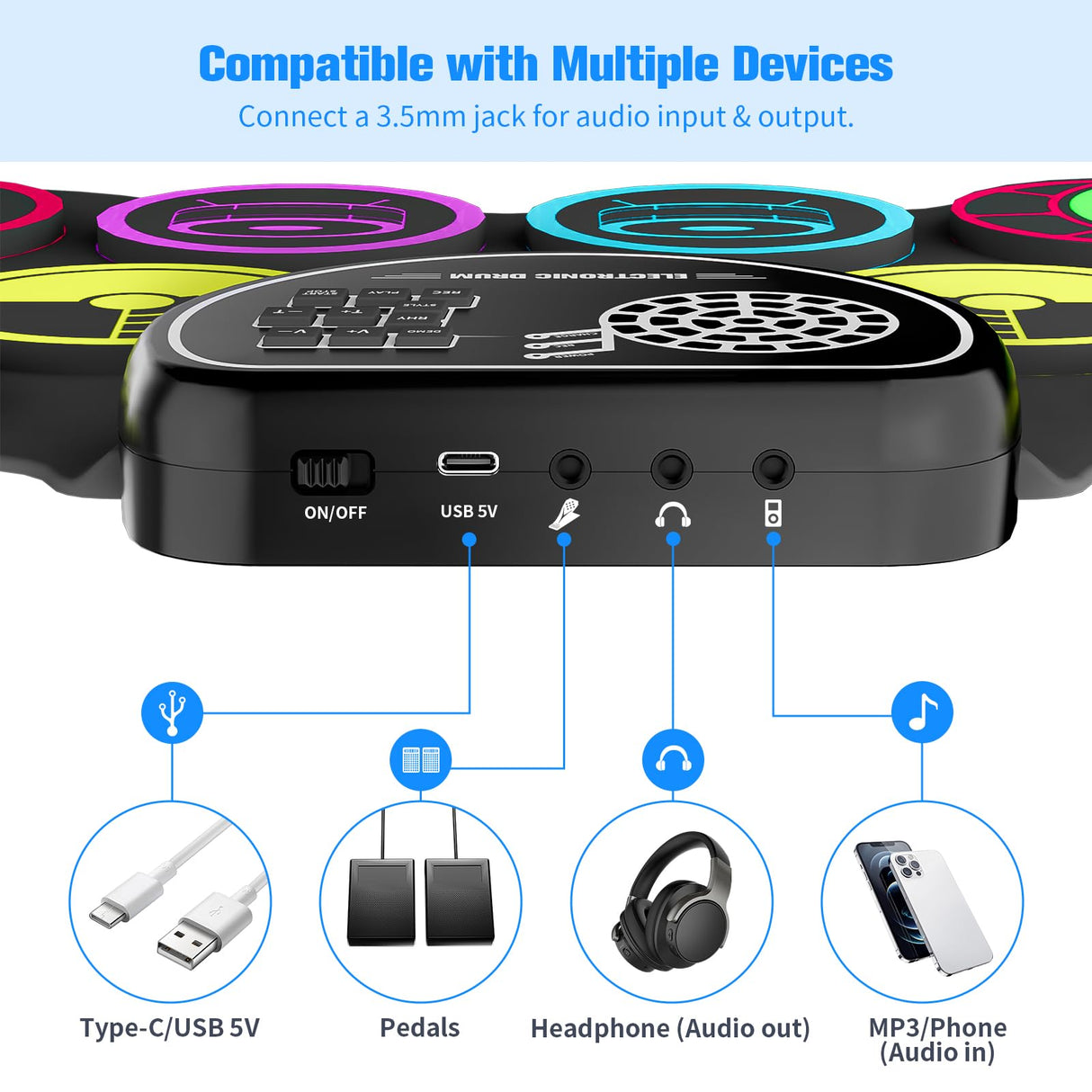 Miortior Electronic Drum Set, 10 Pads Roll-up Drum Practice Pad with Drum Pedals & Sticks, Built-in Speaker with Headphone Jack, Great Christmas & Birthday Gift for Kids