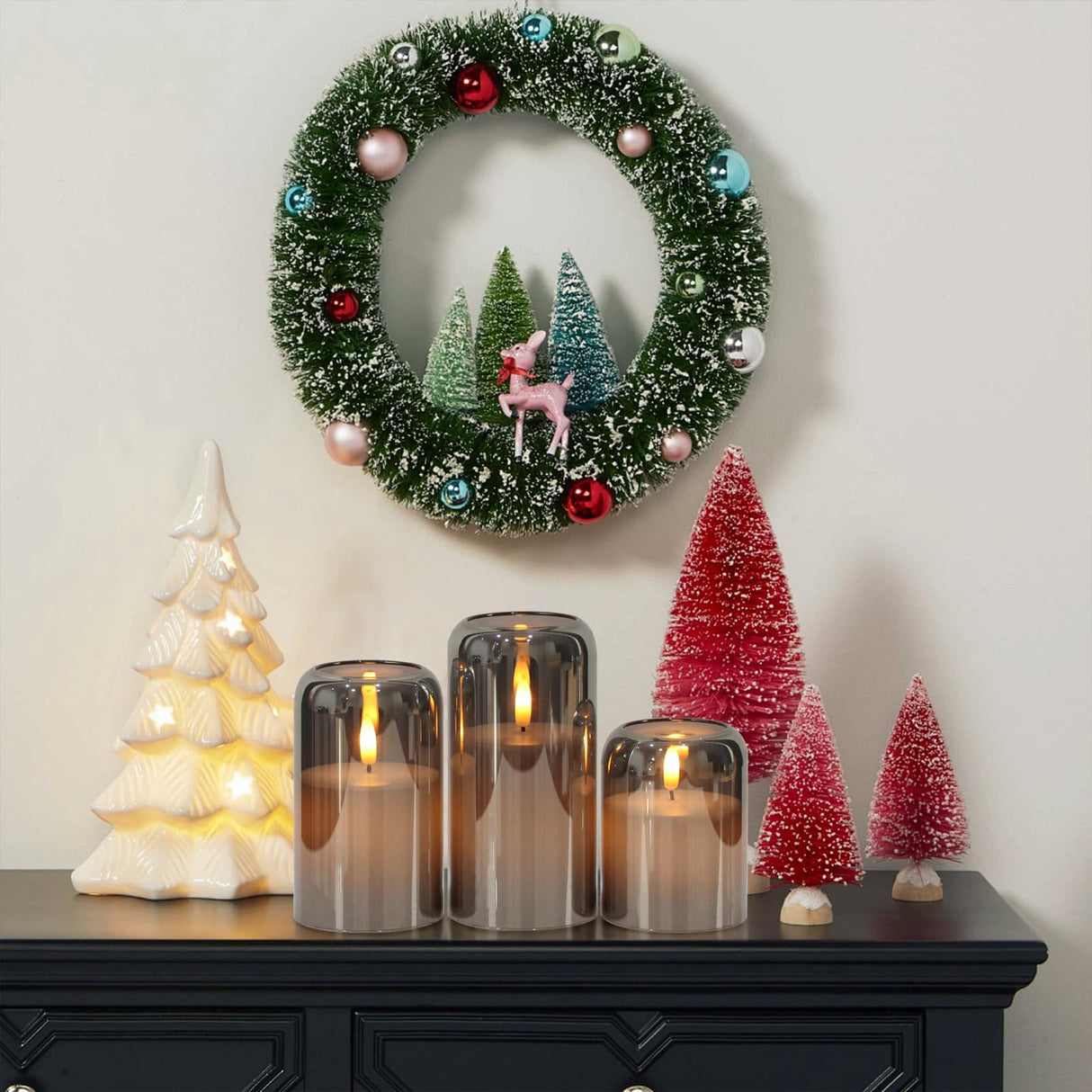 GenSwin Glass LED Candles with Remote Timer, Black Flameless Candles Battery Operated with Flickering Flame, Glass and Real Wax Pillar Candle for Halloween Christmas Home Decor(Set of 3, D3”x4”5”6”)