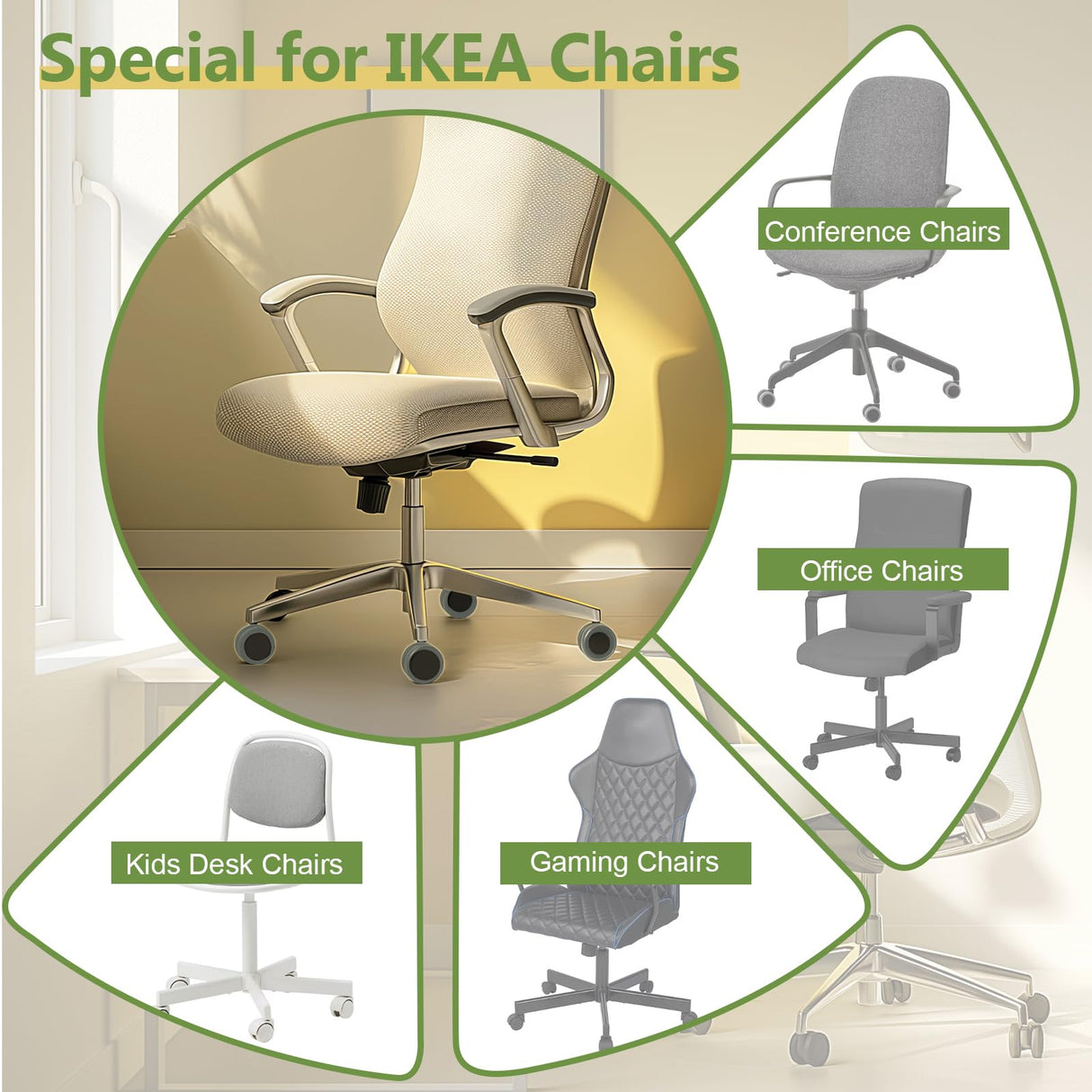 PChero Office Chair Wheels Replacement for IKEA Chairs, 10mm Stem (Set of 5), 2" Heavy Duty Swivel Polyurethane Casters for IKEA Chair Furniture Accessories, Protection for Hardwood Floors Carpet