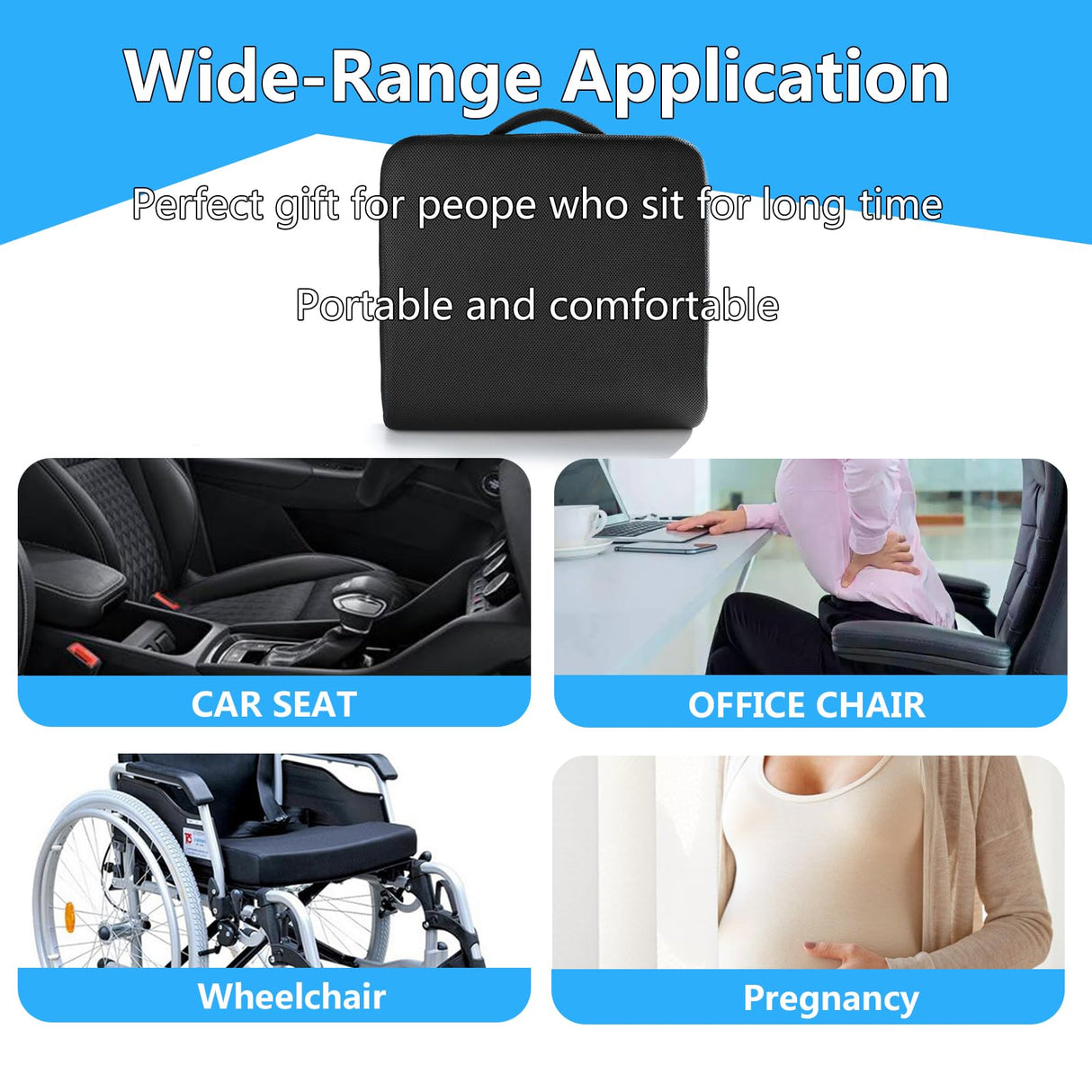 YOUFI Extra Thick Large Seat Cushion -19 X 17.5 X 4 Inch Gel Memory Foam Cushion with Carry Handle Non Slip Bottom - Pain Relief Coccyx Cushion for Wheelchair Office Chair (Black (1PACK))