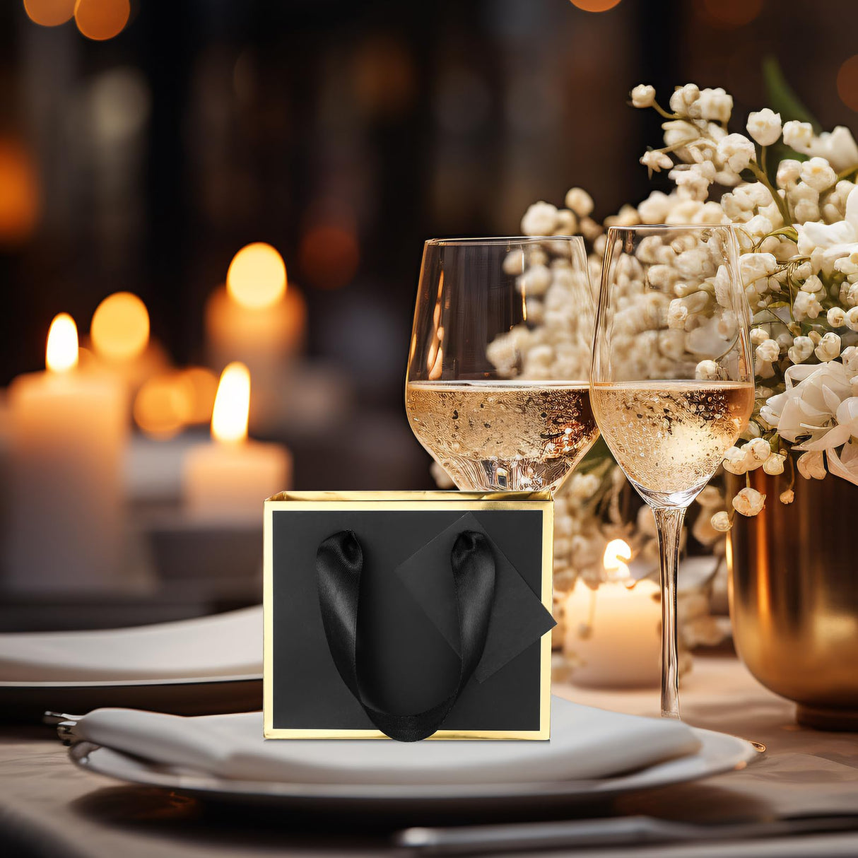 Yeaqee 50 Pcs Mini Metallic Foil Gift Bags with Handles 4x4.75x2.25'' Tiny Thank You Favor Bag with Tag for Christmas Fall Thanksgiving Welcome Wedding Baby Shower Birthday Party(Black, Gold)