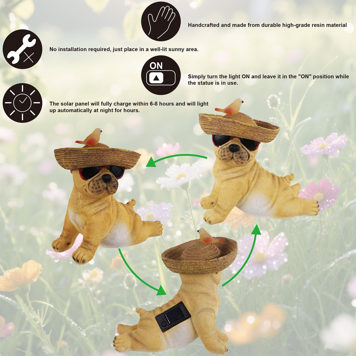 Glintoper Solar Garden Statue Dog Figurine, 8.7" Outdoor Resin Puppy Whimsical Lawn Porch Yard Art, Birthday Mothers Day Ideal Gifts, Lighted Shar Pei Ornaments for Patio Pathway Yard Decoration 