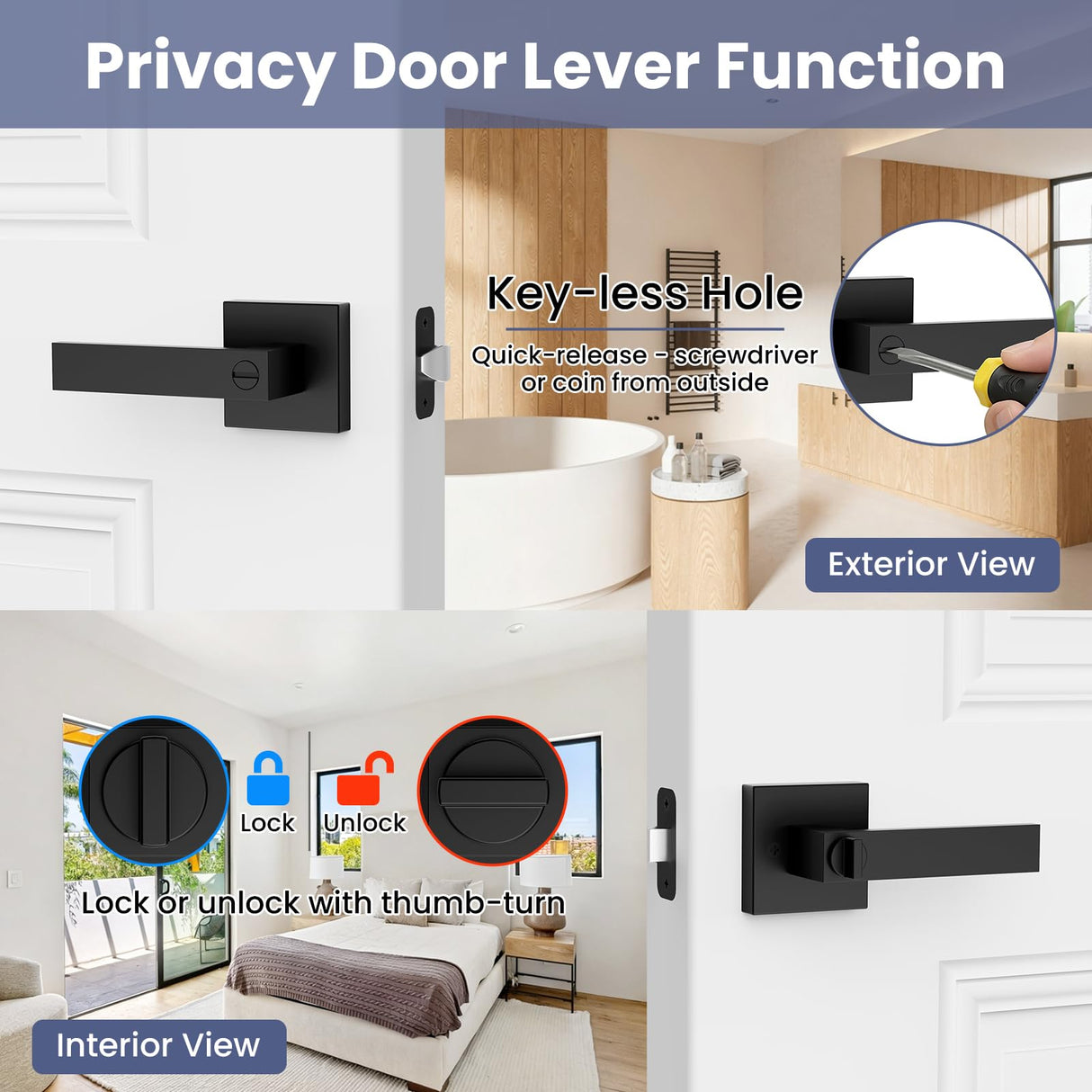 Estmoon 5 Pack Matte Black Door Handles Interior Door Knobs, Keyless Privacy Bedroom Door Lock, Heavy Duty Zinc Alloy Home Improvement Door Leverset for Bedrooms Bathrooms