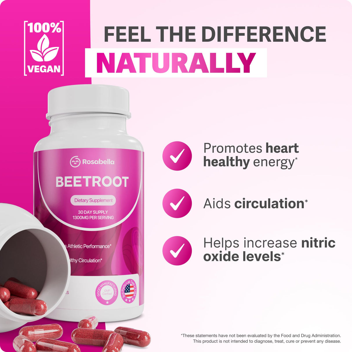 Rosabella Organic Beet Root Capsules – 1300mg Beetroot Powder for Natural Energy & Endurance Support, Non-GMO, Lab-Tested Beet Supplement - 120 Capsules, 60-Day Supply