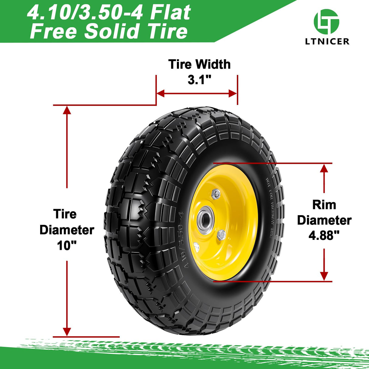 LTNICER 10" Solid Rubber Tires and Yellow Wheels 4.10/3.50-4 (10 x 3.5) Flat Free Tire with 5/8" Bearings,Heavy-Duty Replacement Tire For Gorilla Carts,Wagon,Wheelbarrow,Garden cart(2 Pack)
