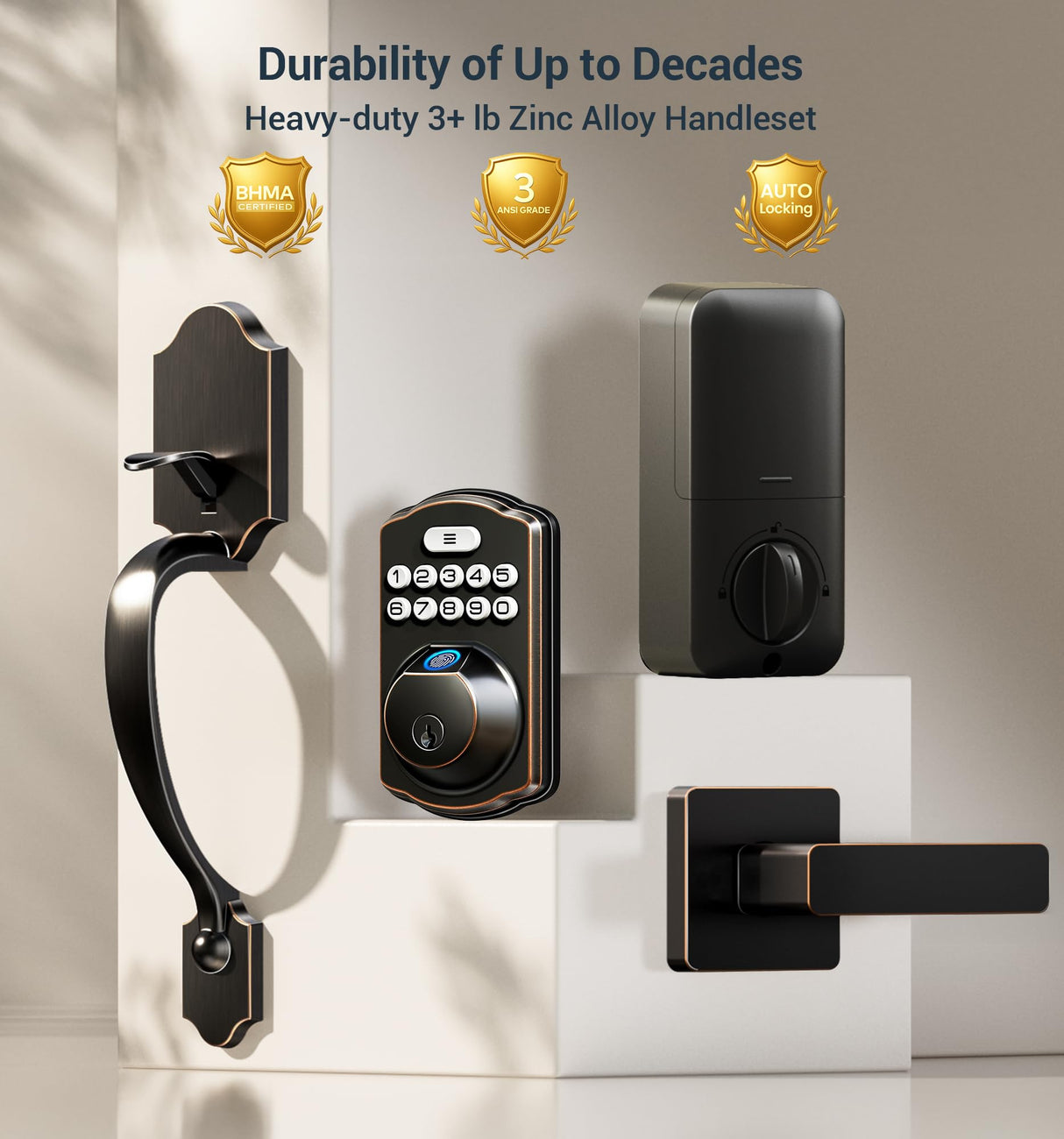 Veise Fingerprint Door Lock Set, Keyless Entry Door Lock, Front Handle Set, Electronic Keypad Deadbolt with Lever Handle, 2 Keys, Auto-Locking, One-time Codes, Easy to Install, Oil Rubbed Bronze