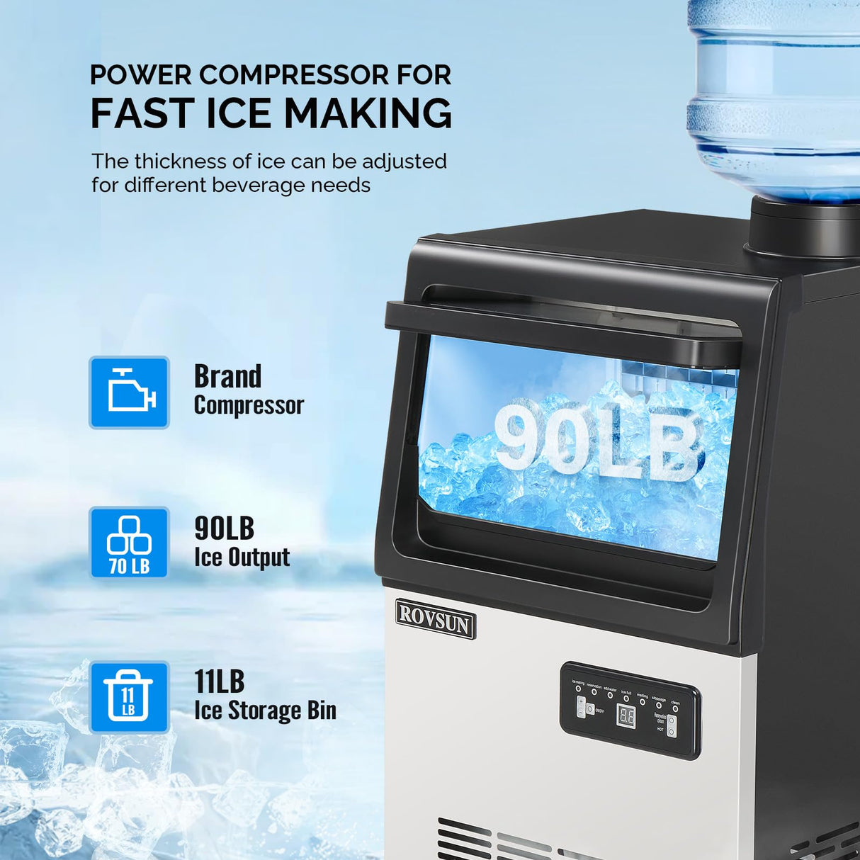 ROVSUN 90LBS/24H Ice Maker Machine with 2 Water Inlets, Freestanding & Countertop Ice Machine with 11lbs Storage Bin, Ice Scoop & Water Filter for Home Office Light Commercial Restaurant Bar Cafe Use