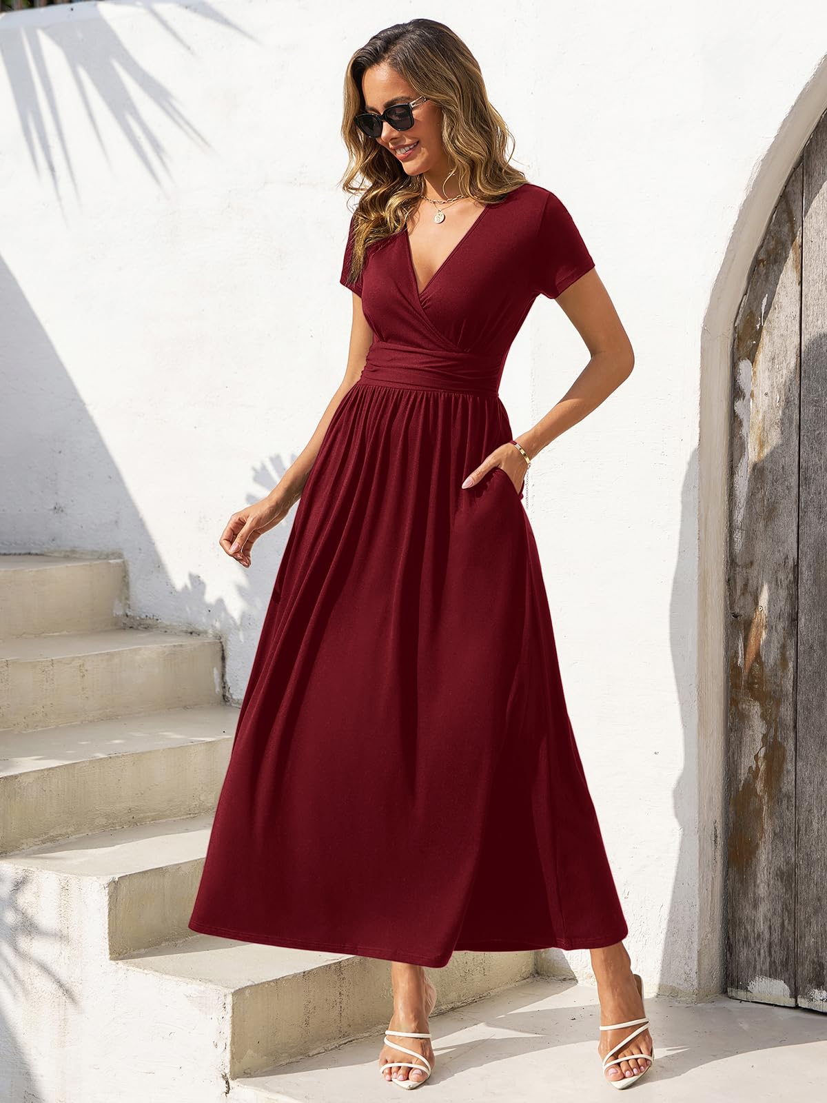 Gracyoga Womens Summer Wrap Christmas Dresses Fall Midi Smocked Swing Wine Red Dress Empire Waist Vintage V Neck High Waist Casual Long Sundress Dinner Outfit L