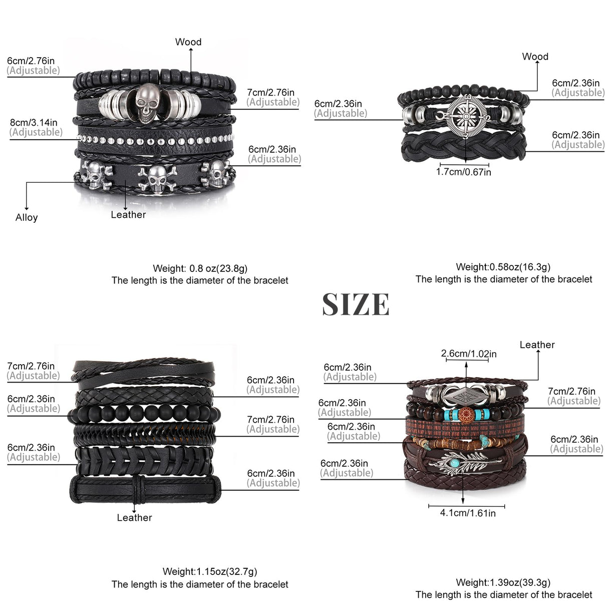 KISS WIFE PU Leather Bracelets for Men, Punk Skull Braided Bracelet Se