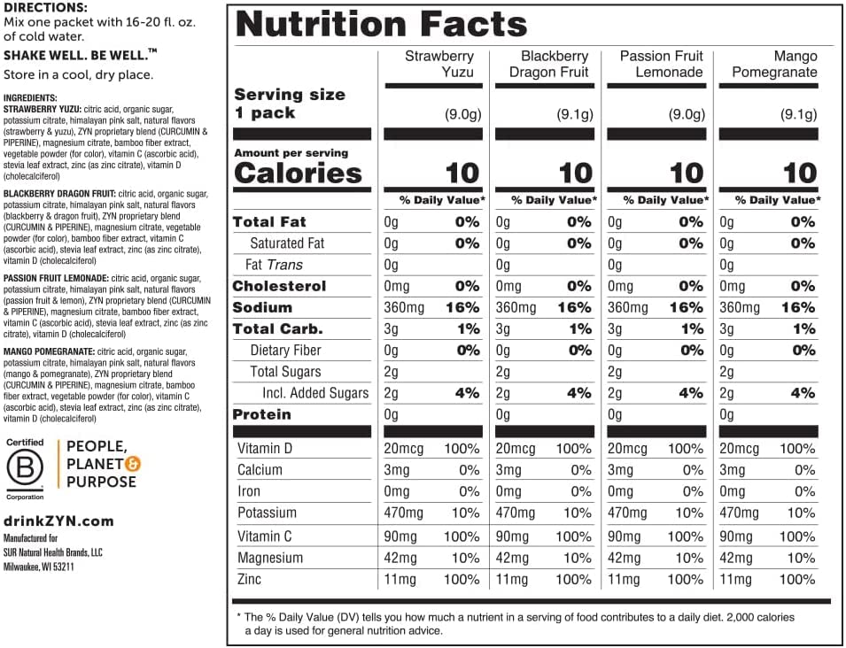 ZYN Electrolyte Drink Mix Hydration Packets, Electrolytes Powder, Hydration Packets w/Turmeric Curcumin, Vitamin C, Vitamin D, Zinc, Hydrate Electrolyte Powder Packets for Wellness, Variety Pack of 8