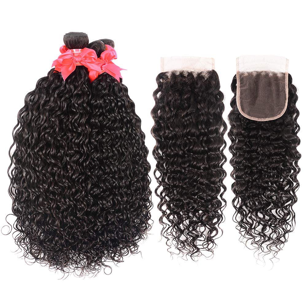 10A Water Wave Bundles with Closure (16 18 20 +14) Wet and Wavy Brazilian Virgin Human Hair 3 Bundles with 4x4 Lace Closure with Baby Hair Free Part 1B# Curly Wave Human Hair Extensions