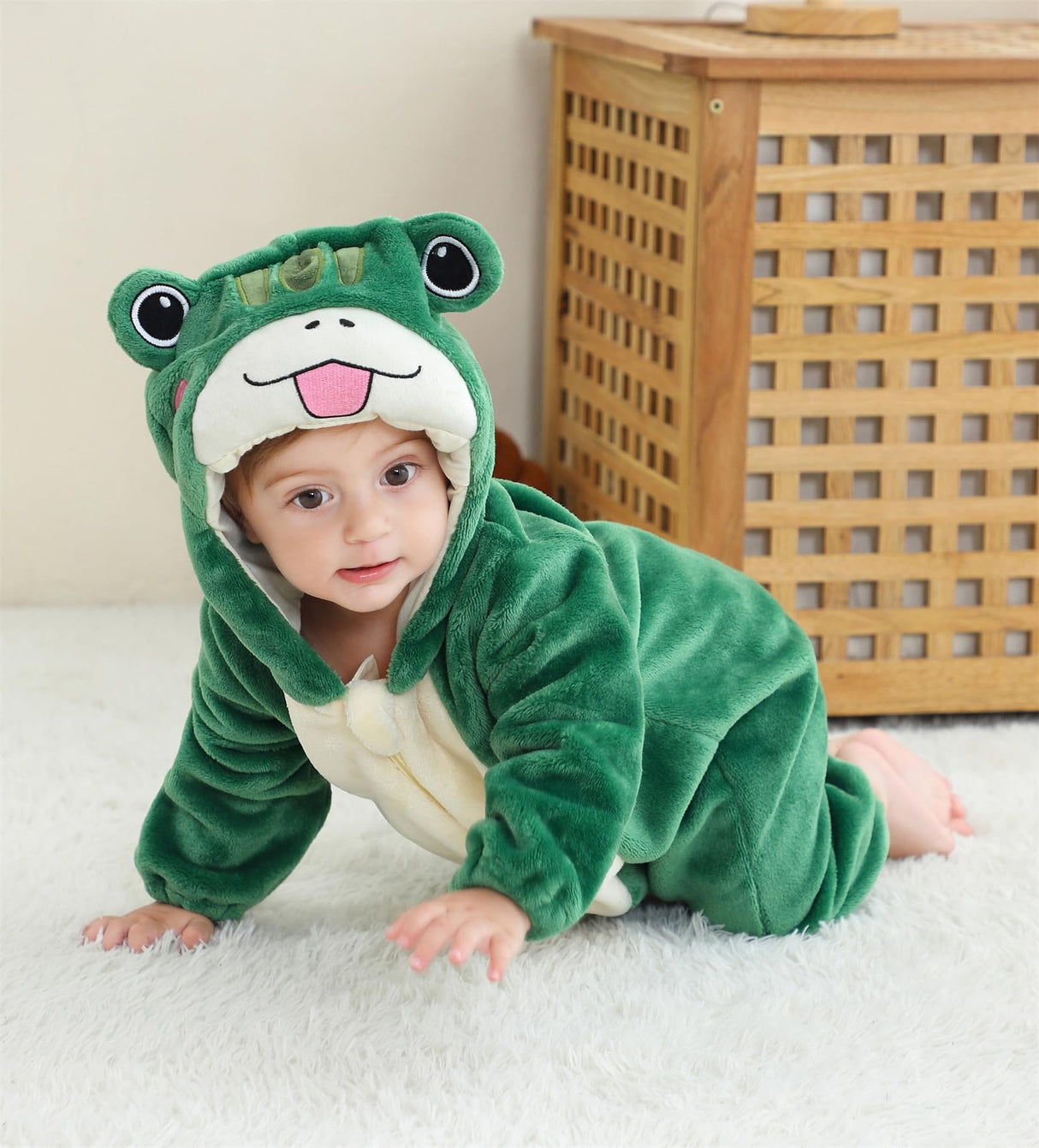 Flannel Long Sleeve Animals Costume for Baby Boy Girl Autumn Winter Toddler Front Zip Hooded Romper Frog Cosplay Jumpsuit for Halloween Christmas 100
