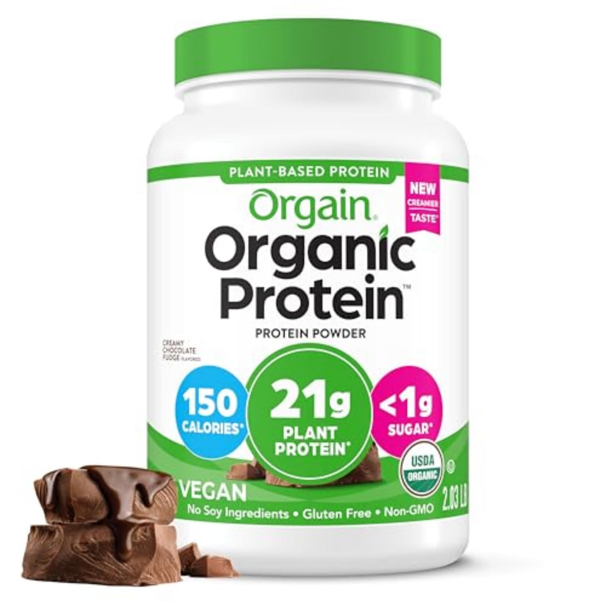 Orgain Organic Vegan Protein Powder, Creamy Chocolate Fudge - 21g Plant Protein, 6g Prebiotic Fiber, Low Net Carb, No Lactose Ingredients, No Added Sugar, Non-GMO, For Shakes & Smoothies, 2.03 lb