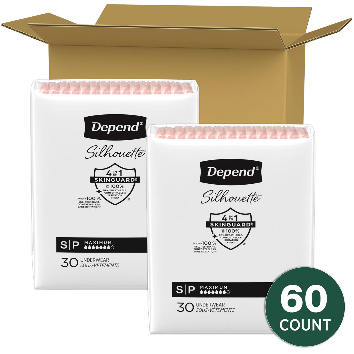 Depend Silhouette Adult Incontinence & Postpartum Bladder Leak Underwear for Women, Maximum Absorbency, Small, Pink, 60 Count (2 Packs of 30), Packaging May Vary