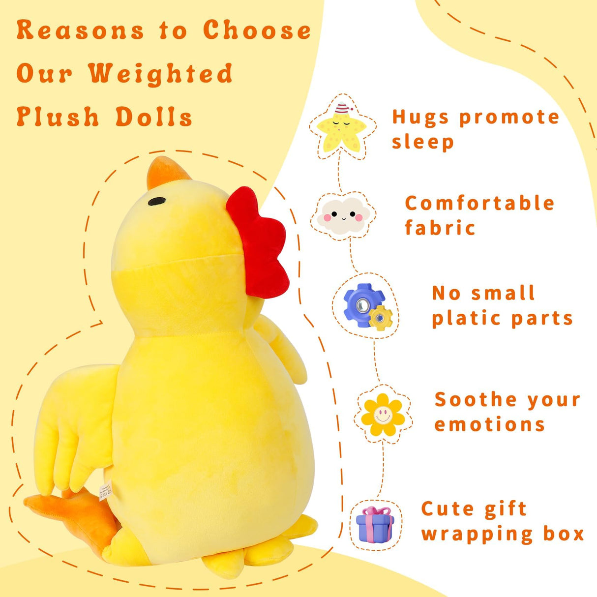 24" 4.2 lbs Weighted Stuffed Animals, Weighted Chicken Plush, Cute Weighted Stuffed Animal Chick Plushie Dolls Throw Pillow Birthday Christmas Gifts for Children Kids Adults