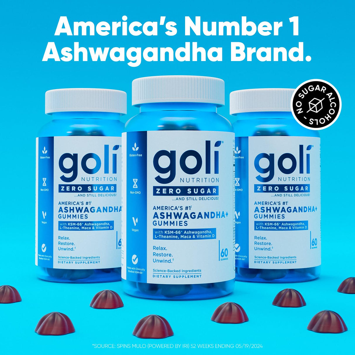 Goli Zero Sugar Ashwagandha & Vitamin D, Maca, L-Theanine Gummies, No Artificial Sweeteners, No Sugar Alcohols. Mixed Berry, KSM-66, Vegan, Plant Based, Non-GMO, Gluten-Free & Gelatin Free. (3)