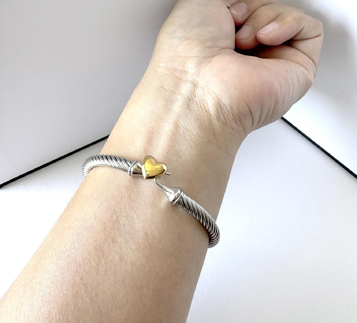 Jeolory Adjustable Twist Stainless Steel Cable Wire 14K Gold Plated Love Heart Charm Bracelets Friendship Open Bangle Wrist Cuff for Women Men