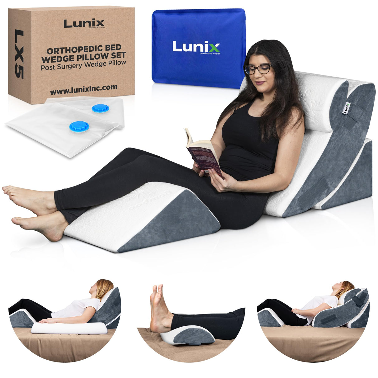 Lunix 4pcs Orthopedic Bed Wedge Pillow Set, Post Surgery Memory Foam for Back, Knee, Leg Pain Relief, Sitting Pillow for Sleeping, Acid Reflux, GERD, with Hot Cold Pack, FSA HSA Eligible, White Navy