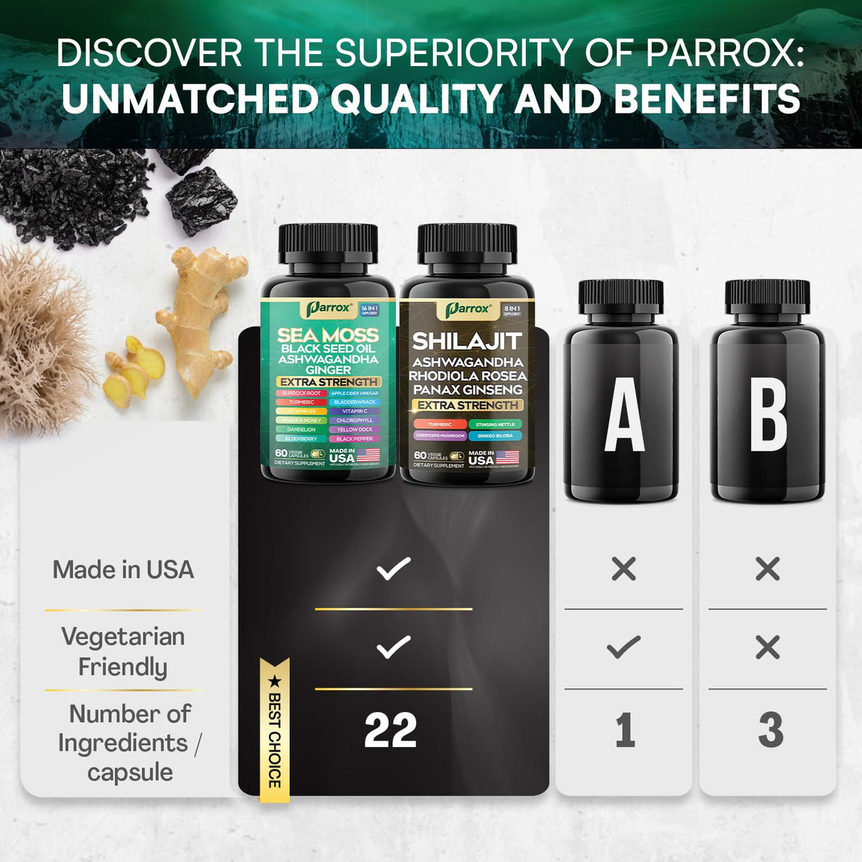 Parrox Shilajit and Sea Moss Bundle, Sea Moss 350mg, Black Seed Oil 200mg, Ashwagandha 100mg, Turmeric, Shilajit 300mg, Rhodiola Rosea 100mg, Panax Ginseng 50mg, Dynamic Vitality Bundle (1 Pack)