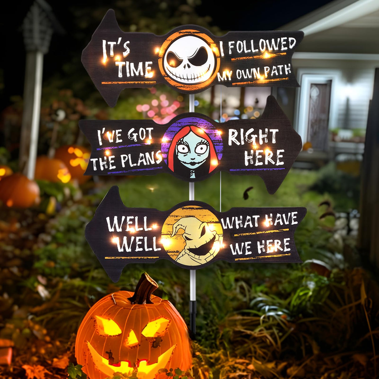 Lighted Jack Sally Yard Signs, Scary Halloween Decor Christmas Nightmare Halloween Decorations Outdoor Before Party Lawn Cute Garden Yard Stakes Outside Arrow Decorations Clearance