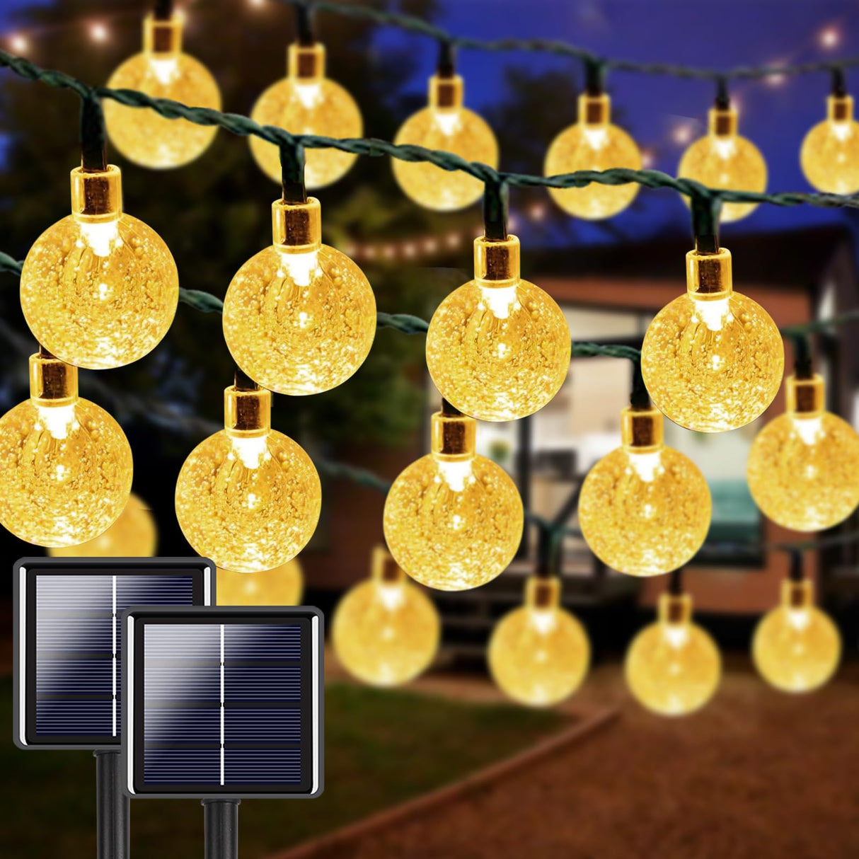 2-Pack 64FT 100 LED Crystal Globe Solar Christmas String Lights Outdoor, Waterproof Solar Lights for Outside, 8 Lighting Modes Christmas Decorations for Garden Yard Porch Wedding Patio(Warm White)