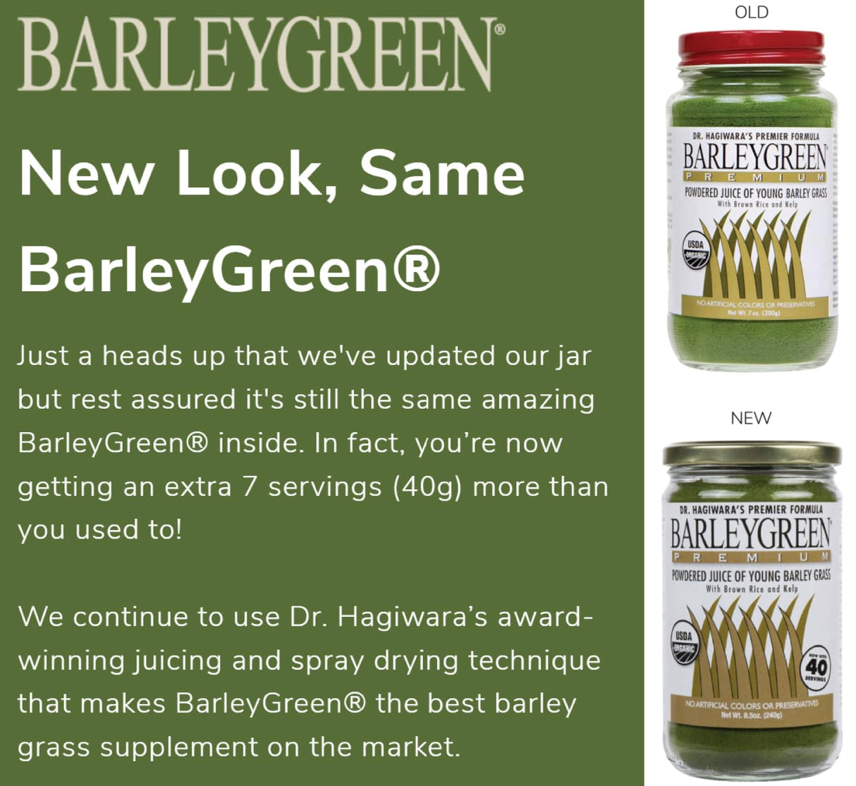 BARLEYGREEN Dr. Hagiwara's Original Premium w/Kelp - Organic Barley Grass Juice Powder 8.5oz (240g) - 40 Servings