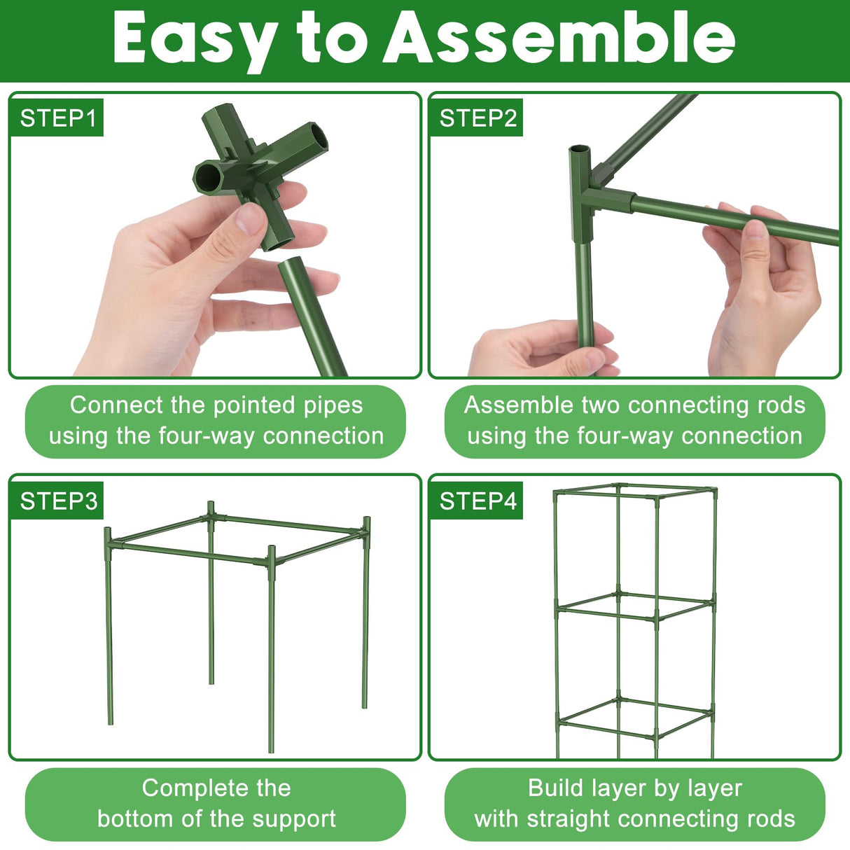 3 Pack Tomato Cage, 14.5" W x 53" H Square Tomato Trellis with 50 Pcs Clips