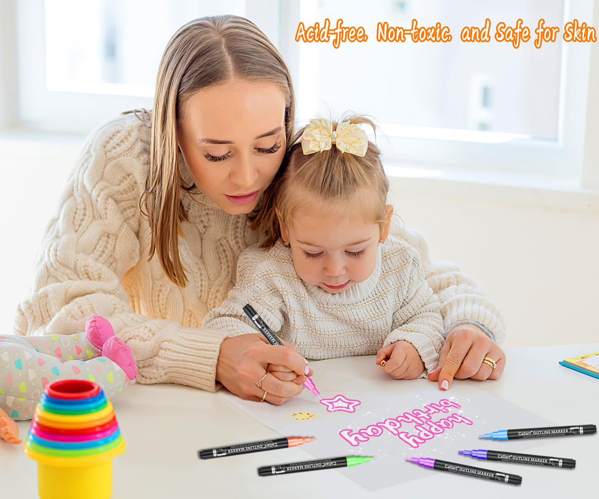 Caliart 24 Colors Outline Glitter Markers, Shimmer Metallic Pens Stocking Stuffers Christmas Gifts Trendy Stuff, Cool Fun Craft Drawing Arts Supplies Set