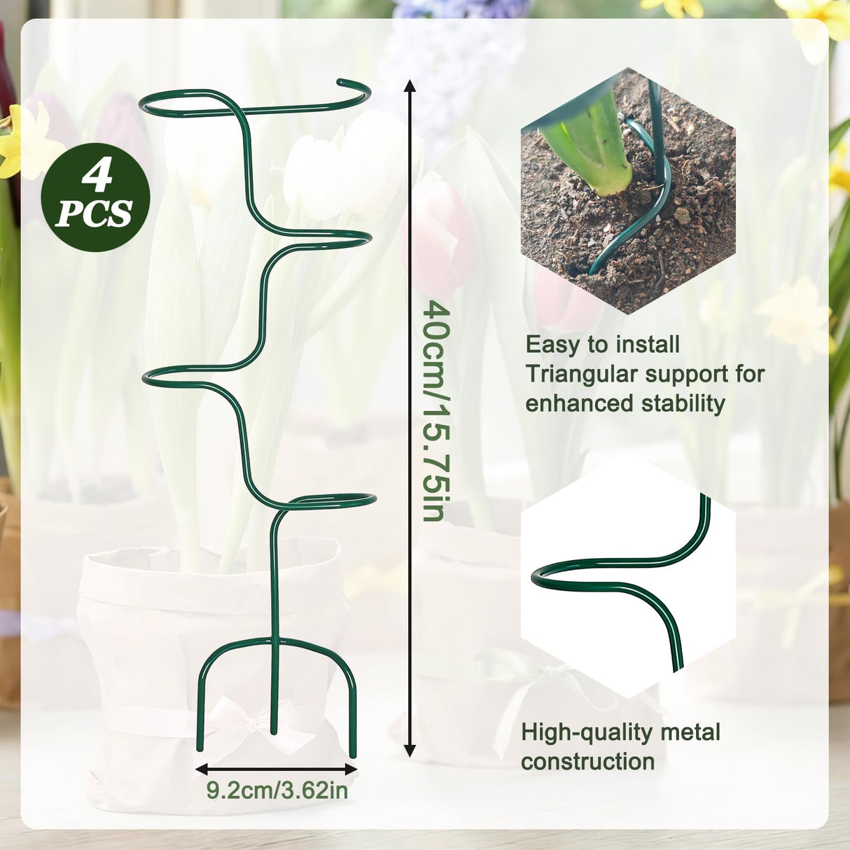 Indoor Plant Trellis Support, 4PCS Durable Metal in & Outdoor Trellis for Climbing Plants 15.7 Inch Metal Garden Stakes Plant Stem Holder Support for Potted Plants, Monstera, Flowers & Herbs (4PCS)