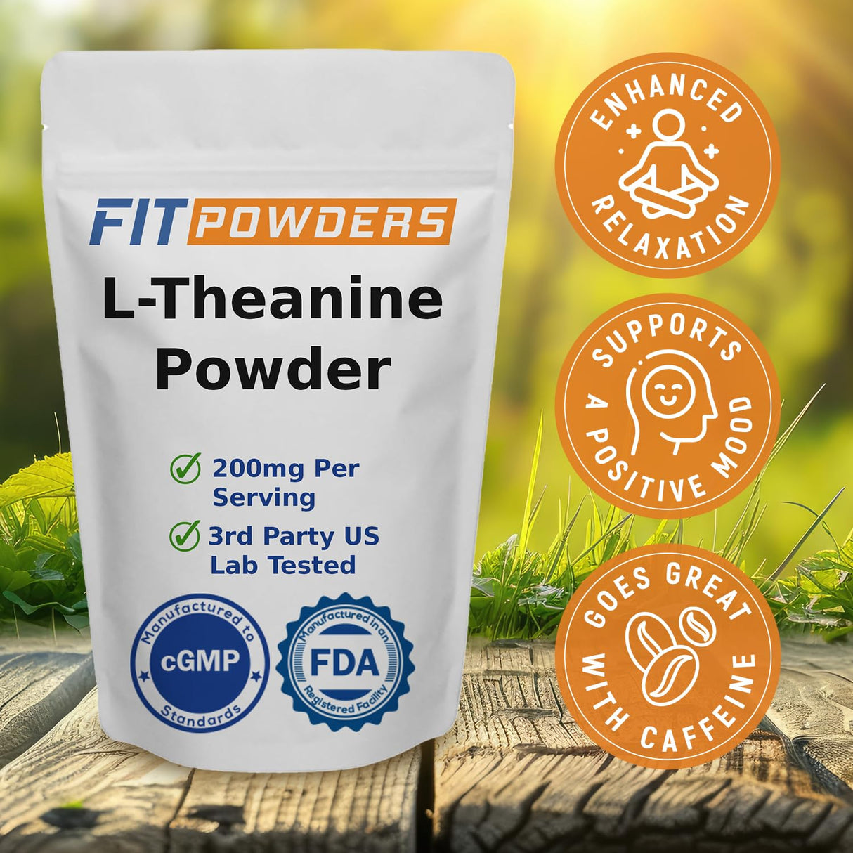 FitPowders L-Theanine Powder 100% Pure, Non-GMO, Vegan, Gluten Free Theanine Powder Supplement (Multiple Sizes) Mood and Cognitive, Stress Relief and Relaxation, Scoop Included (250 Grams)