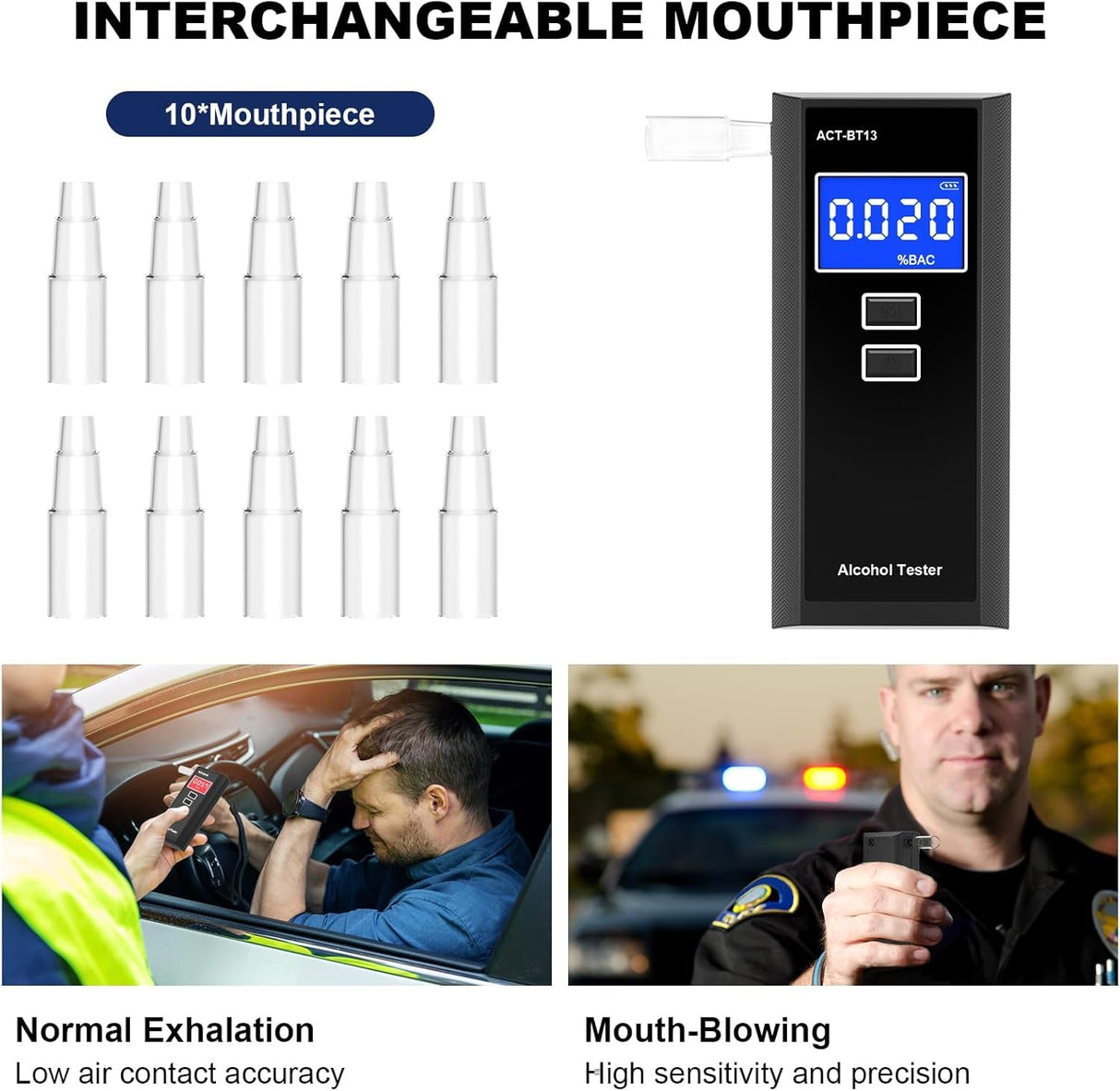 Breathalyzer, Professional-Grade Alcohol Tester with Blue Digital LCD Display and 10 Mouthpieces, High-Accurate Alcohol Testerr for Home or Party Use