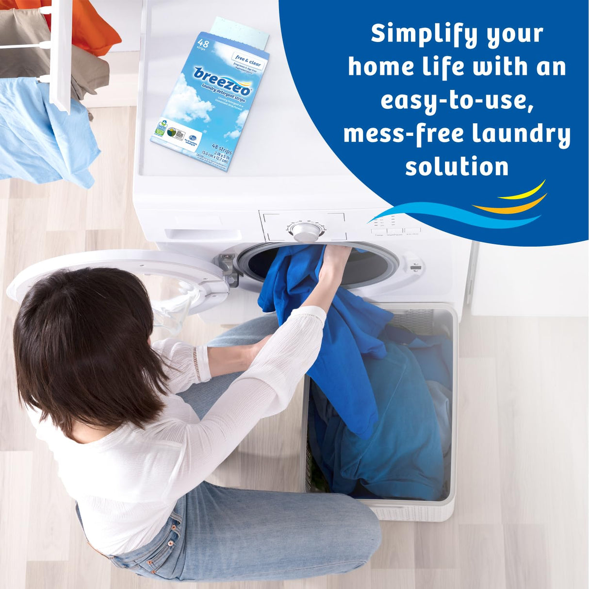 Breezeo Laundry Detergent Strips (48 strips) – Free & Clear - More Convenient than Pods, Pacs, Liquids or Powders – Great for Home, Dorm, Travel, Camping & Hand-Washing