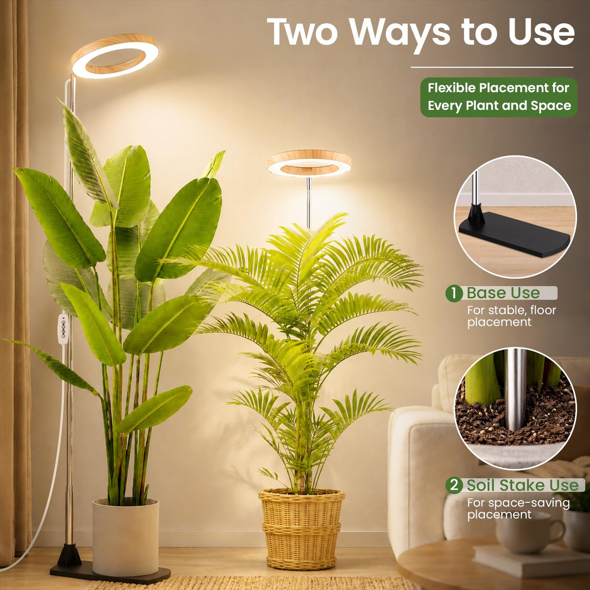 LBW Grow Lights for Indoor Plants, 6.3" Full Spectrum Plant Light with Base, 65" Height Adjustable Grow Lamp, 6/8/12/16H Auto Timer, 3 Colors, 5 Dimmable Levels, for Tall Large Plants, Bamboo Grain