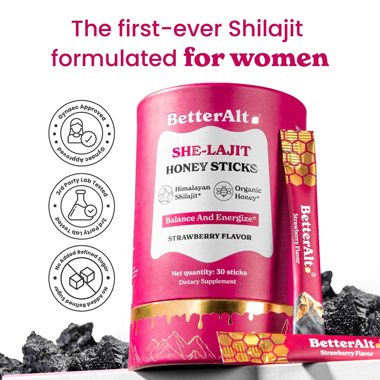 BetterAlt SHE-Lajit Strawberry Honeysticks|Shilajit for Women with Shatavari & Saffron for hormonal Balance & Energy Boost|Tasty Shilajit Honeysticks with Goodness of Pure Himalayan Shilajit|30 Sticks
