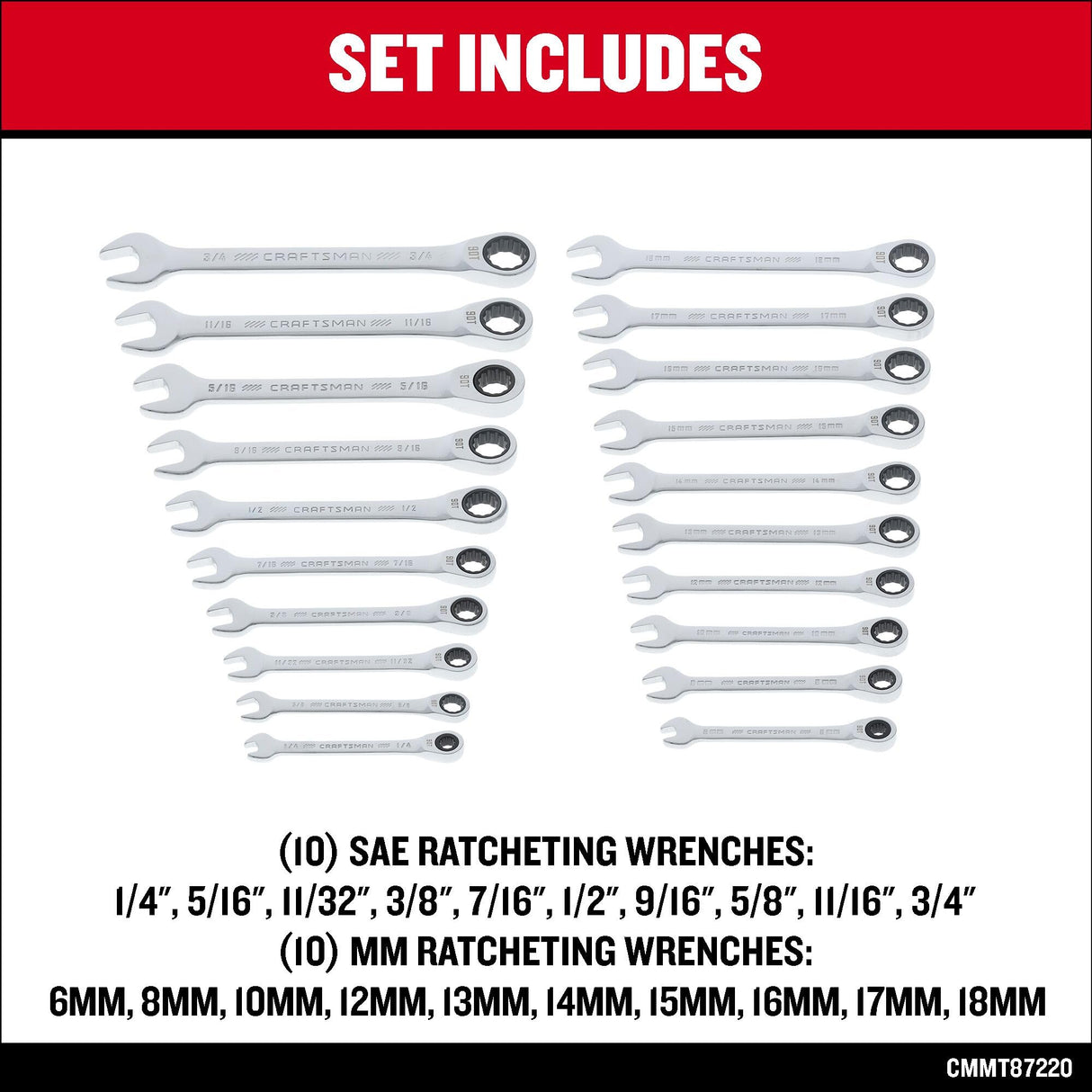 CRAFTSMAN Ratchet Wrenches Set, 20 Pc, 90 Tooth SAE/Metric Ratcheting Wrench Set with Case, 4 Degree Arc Swing (CMMT87220)