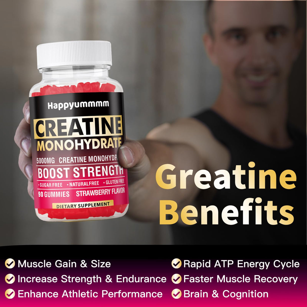 Happyummmm Creatine Monohydrate Gummies 5000mg for Men & Women, Chewables Creatine Monohydrate for Muscle Strength, Muscle Builder, Energy Boost, Pre-Workout Supplement(90 Count)-Strawberry.