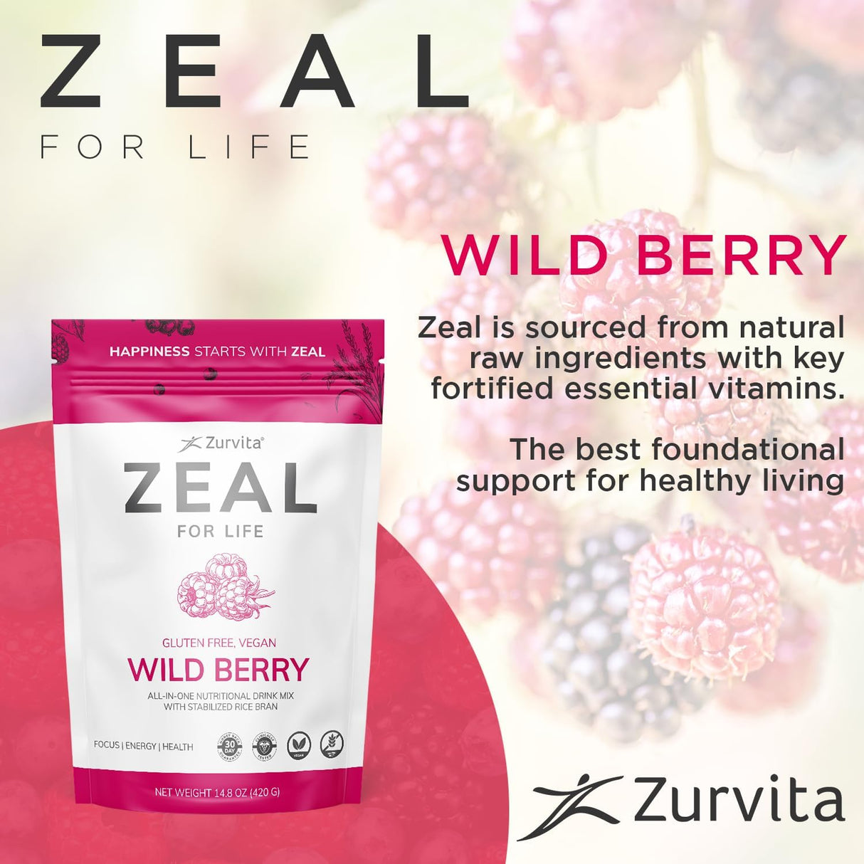 Zurvita - Zeal for Life 30-Day Wellness Bag - Wild Berry Flavor - Daily Nutritional Supplement for Vitality, Immunity, & Overall Wellness - 420 Grams