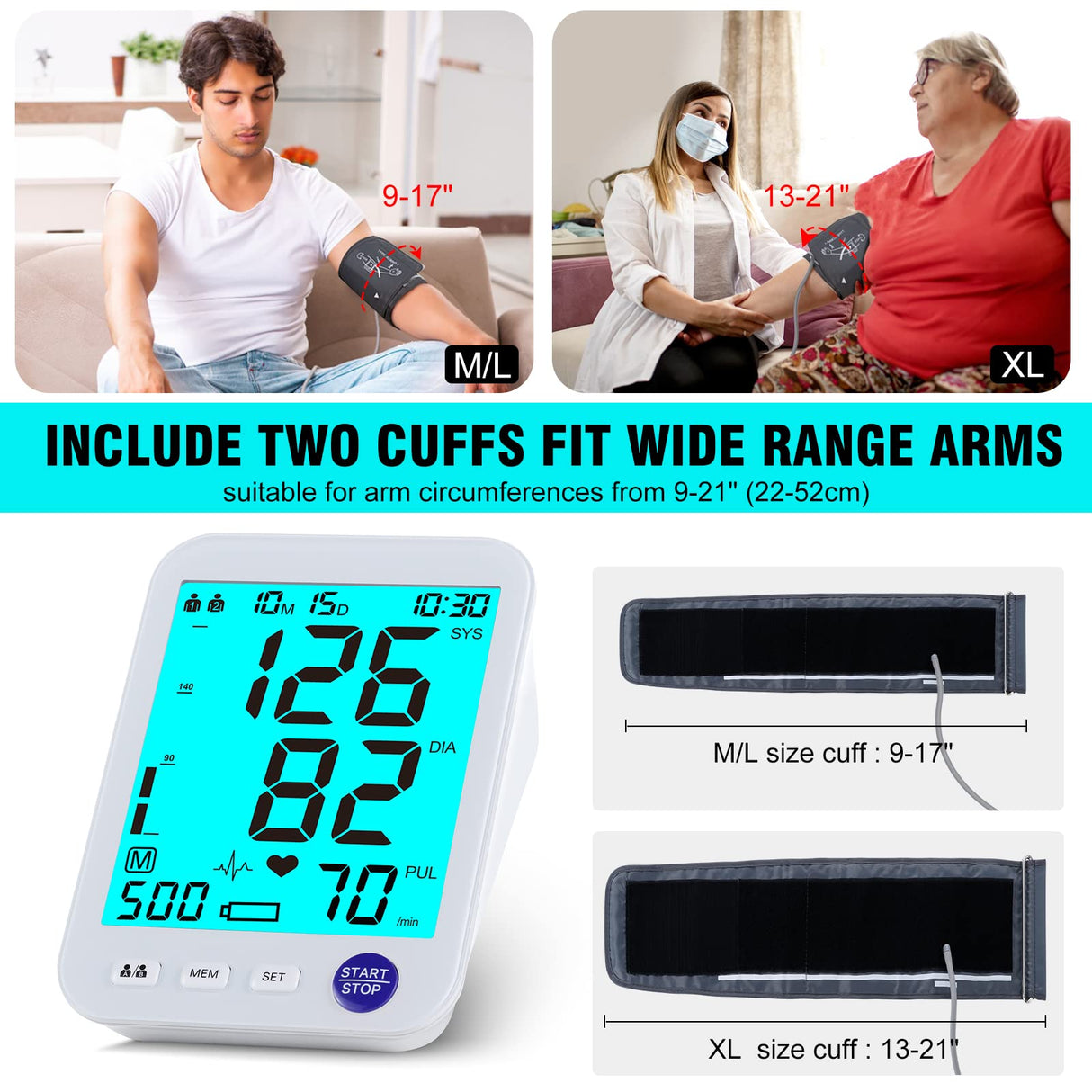 Blood Pressure Monitor-Automatic Blood Pressure Machine XL Cuff for Big Arms 13-21”-Medium/Large Cuff 9"-17" Extra Large Backlit LCD Two User 1000 Mem (Blue